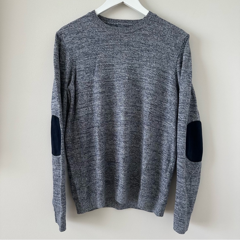 Topshop Topman Blue Heathered Elbow Patch Long Sleeve Shirt Sweater Crew Neck